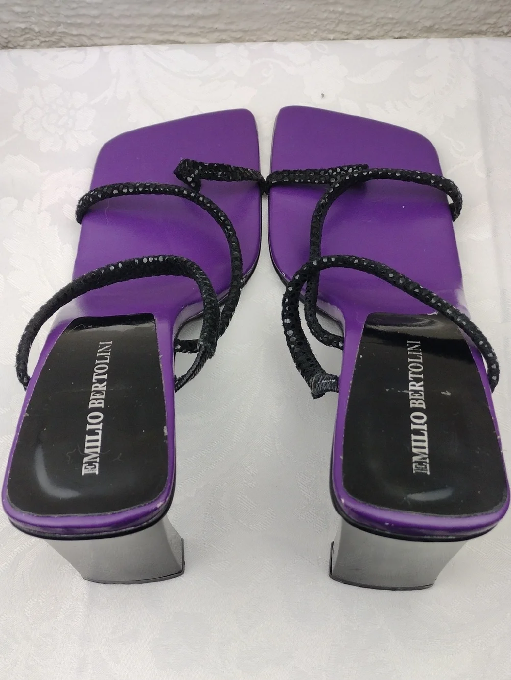 Emilio Bertolini Purple Leather Texture Strappy Square Toe Sculpt Heel Sandal
